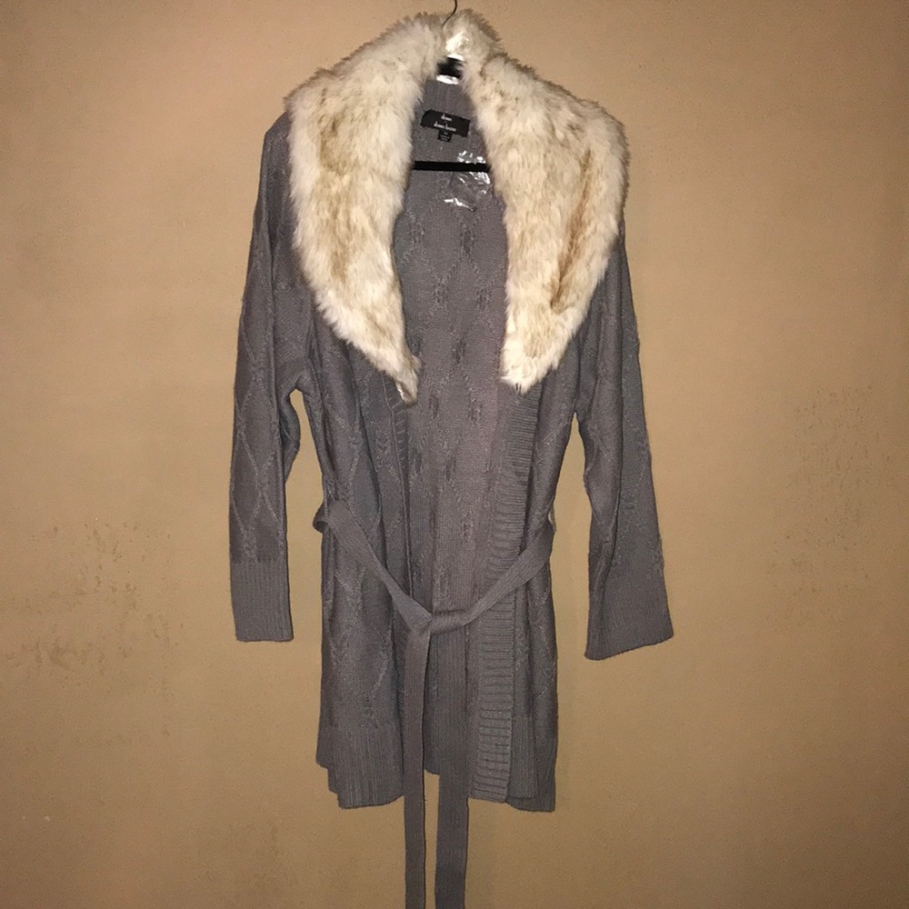 Dennis Basso Grey Knit Fur Cardigan Sweater Wrap
